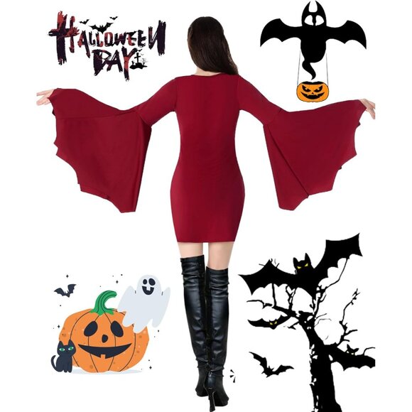 Women's Red Halloween Long Wide Sleeves Addams Costume Wrap Gothic Witch Dress - Picture 4 of 6